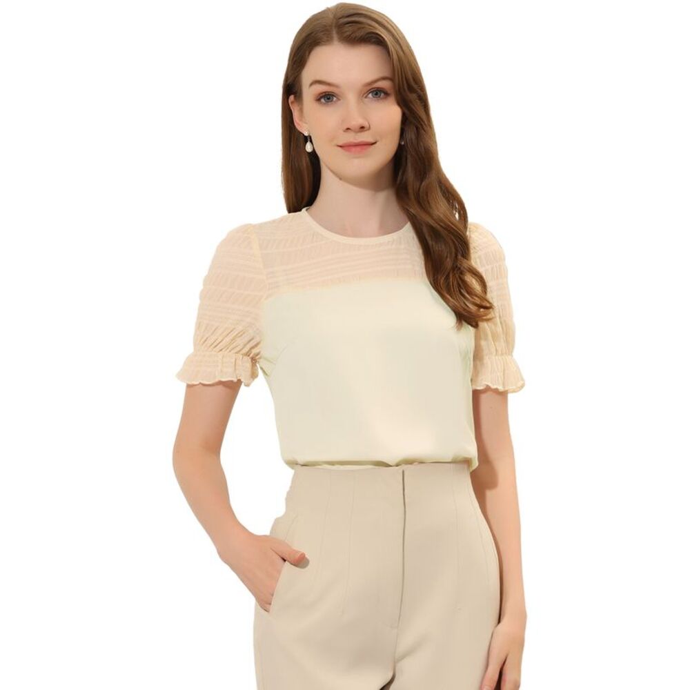 Lace Panel Keyhole Back Round Neck Puff Short Sleeve Tops Beige